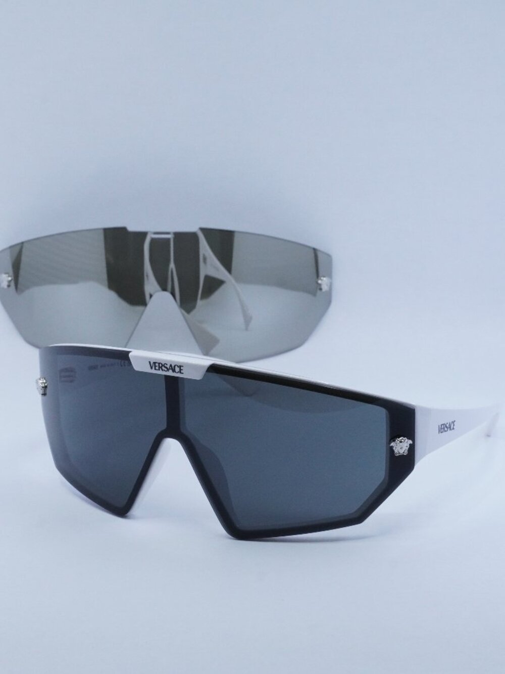 Versace VE4461 314/87 Shield Sunglasses – White/Grey with Mirror Silver Clip-on